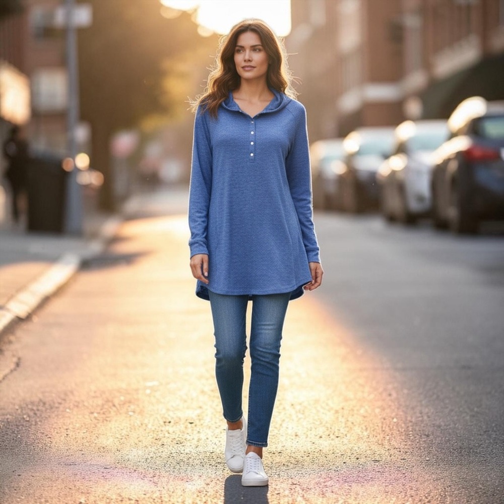 Duluth Trading Blue Hooded Tunic Pullover Women's M Athleisure Stretch Hiking